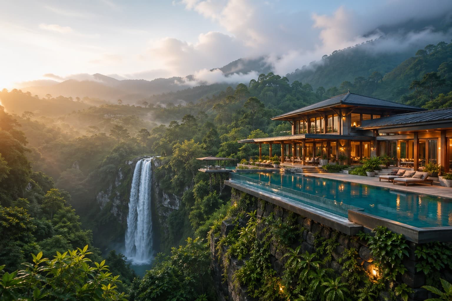 Mountain waterfall retreat hero